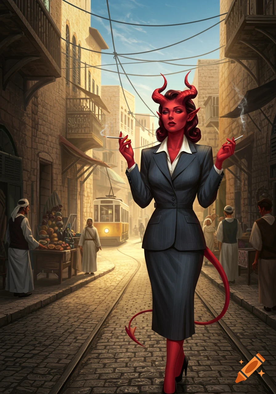 A red-skinned demon woman in a pinstripe suit, with horns and a tail, stands smoking two cigarettes on a cobblestone street in an old city, with a tram and market stalls in the background, in a detailed illustration.