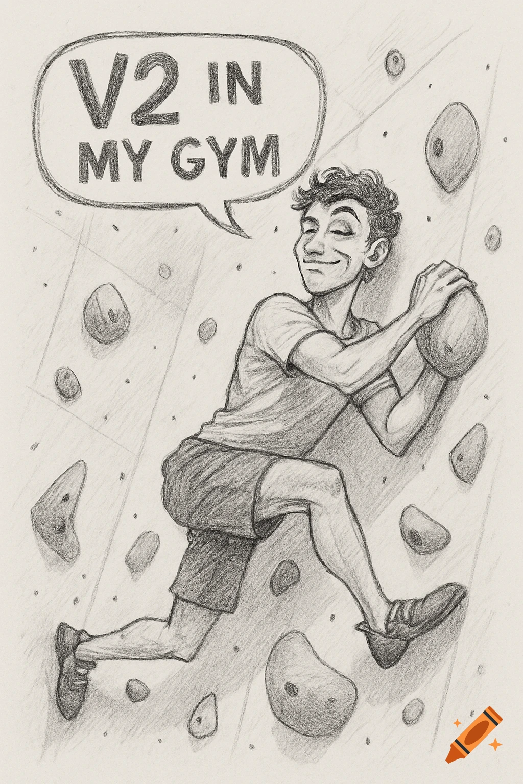 Pencil sketch of a smug man on an indoor bouldering wall with a speech bubble saying 'V2 IN MY GYM'.
