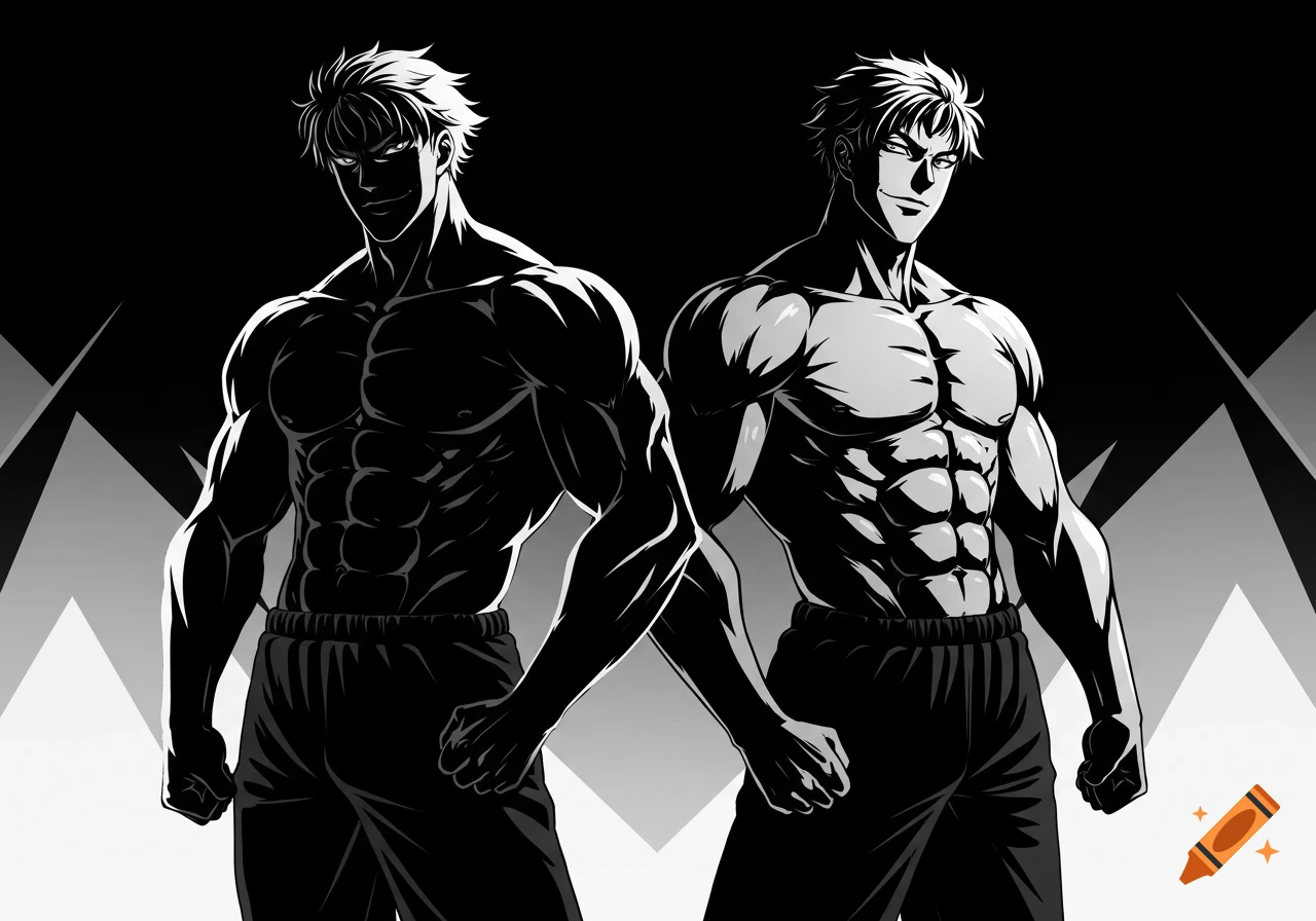 Two muscular anime men, one in shadow and one illuminated, stand side-by-side in a stylized black and white illustration.