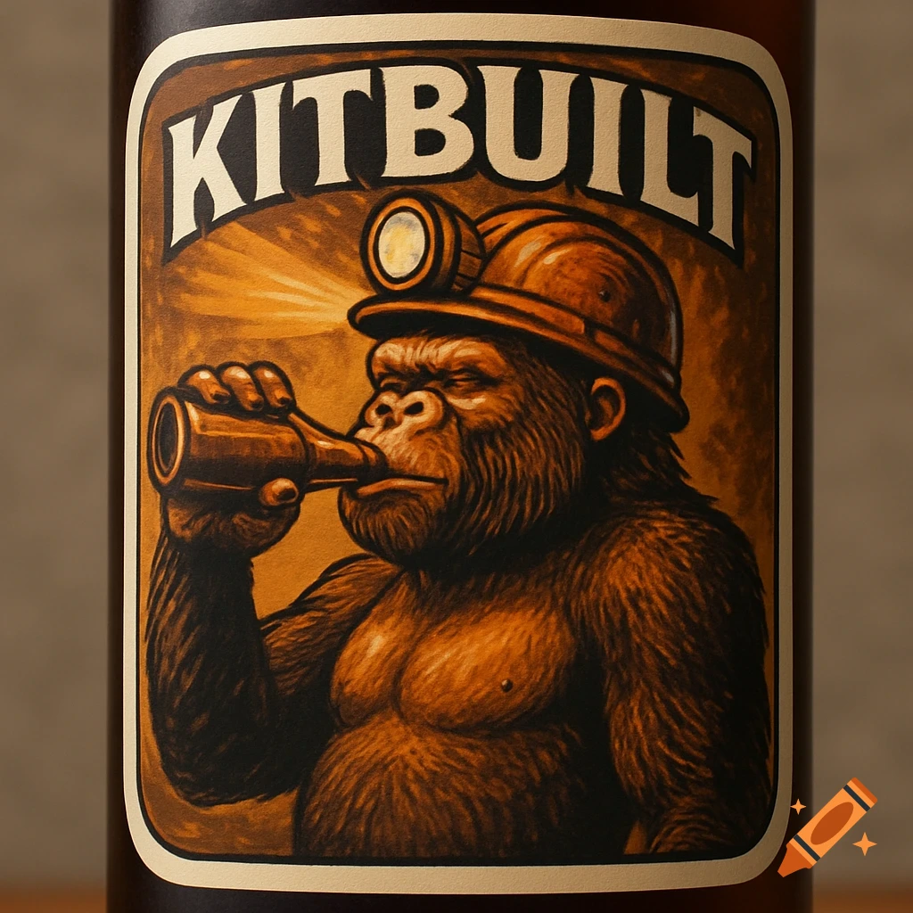 A stylized illustration on a bottle label showing a gorilla in a miner's hard hat, drinking from a bottle, with the brand name KITBUILT.