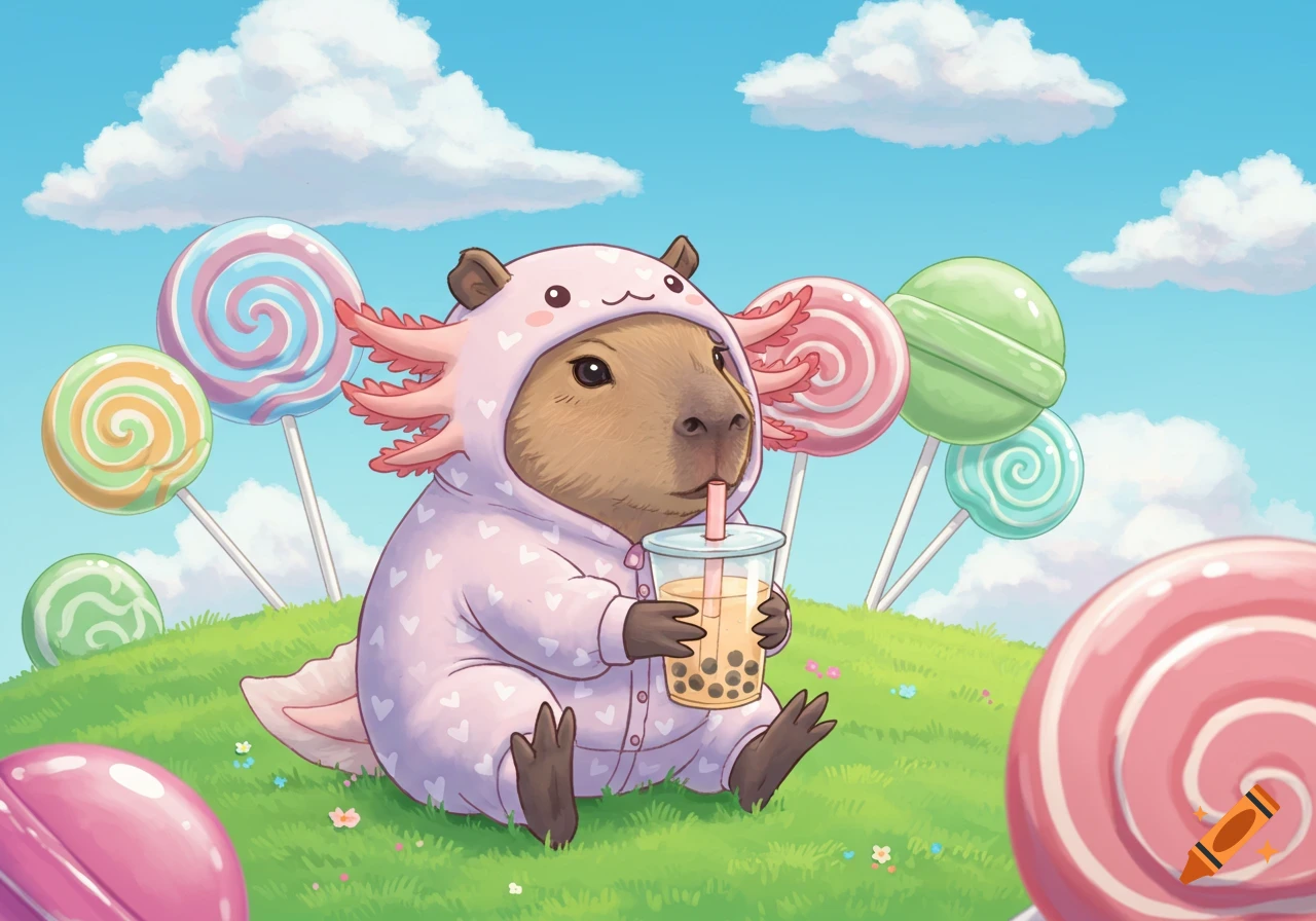 Cute cartoon capybara in axolotl pajamas drinks boba tea on a grassy hill with large lollipops under a blue sky.