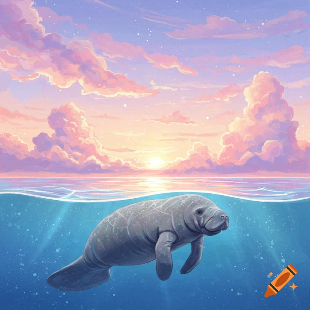 A manatee swims in blue water under a sky with pink, purple, and orange clouds, illuminated by a setting sun.