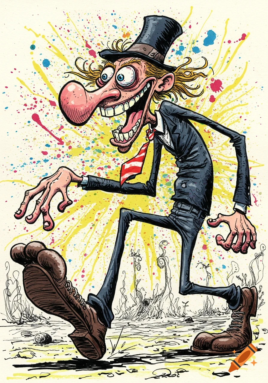 A highly caricatured man in a top hat and suit, with exaggerated features and a wide grin, walking through a colorful, splattered landscape in Ralph Steadman's style.