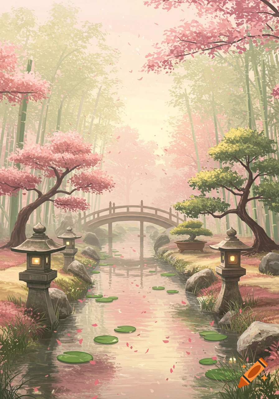 Pastel illustration of a Japanese garden with a stone bridge, stream, cherry blossoms, and lanterns.