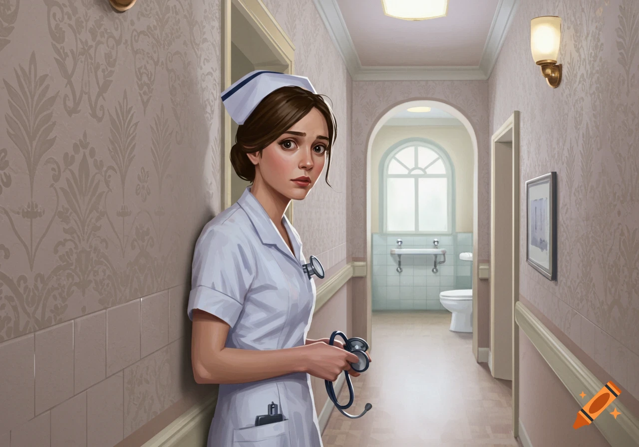 Digital painting of a nurse in a white uniform holding a stethoscope, standing in a pastel-colored hospital hallway. A bathroom is in the background.