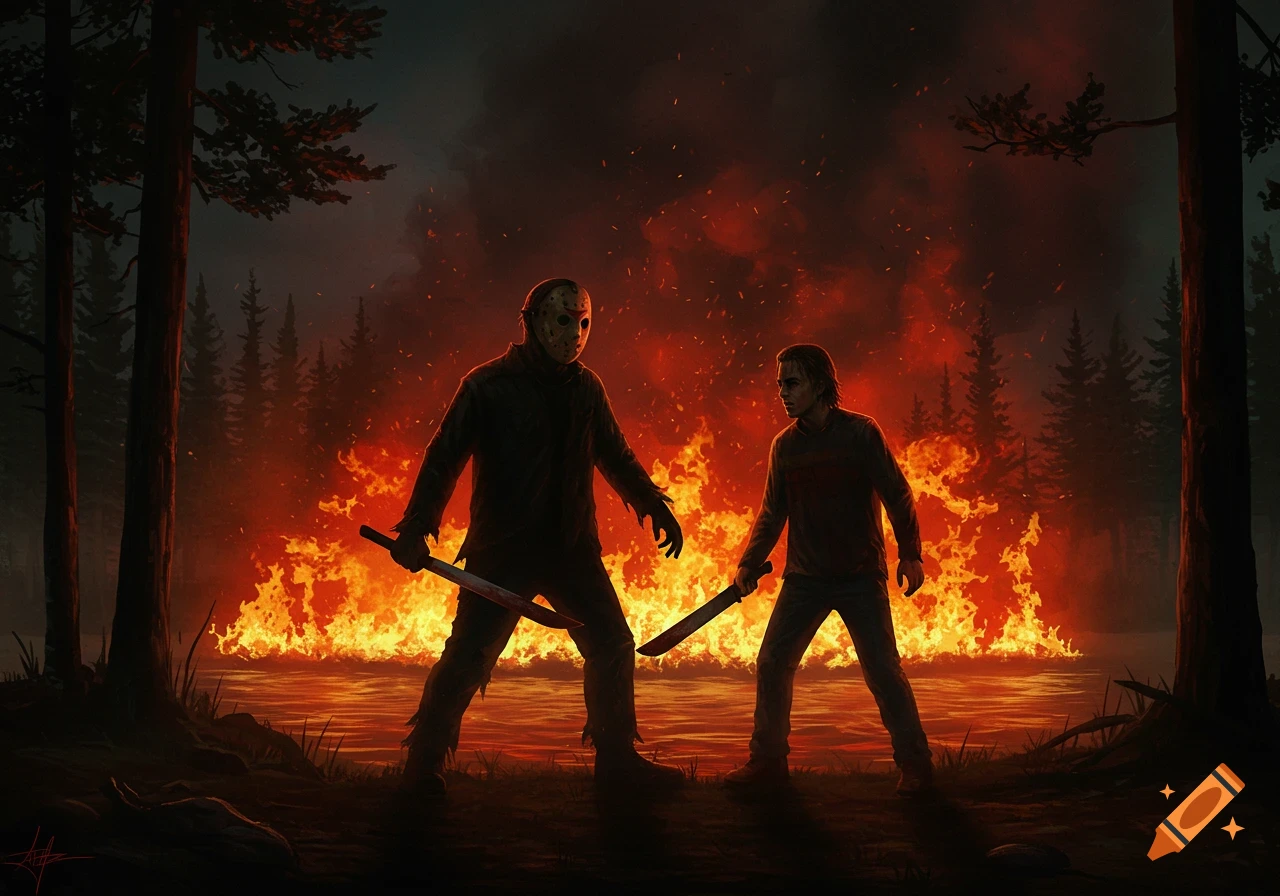 Jason Voorhees and Tommy Jarvis stand with weapons in a burning forest beside a fiery lake, in a dark, stylized horror scene.
