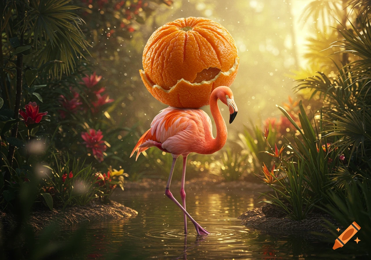 A pink flamingo stands in water in a lush tropical jungle, balancing a large, partially peeled orange on its back, bathed in golden light.