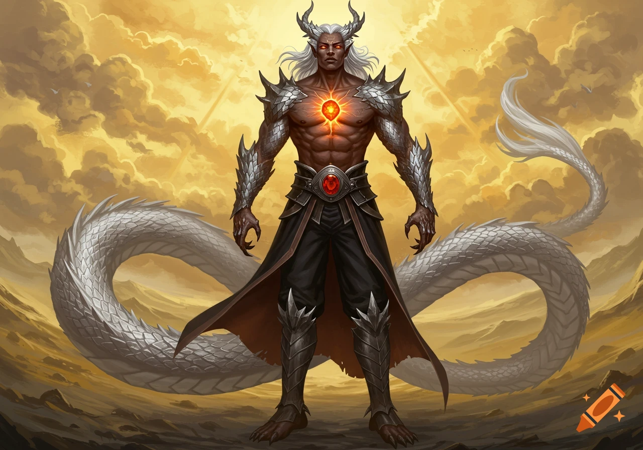 Fantasy art of a powerful horned man with a muscular chest, glowing gem, dragon scales, and a long white dragon tail, standing in a golden sky landscape.