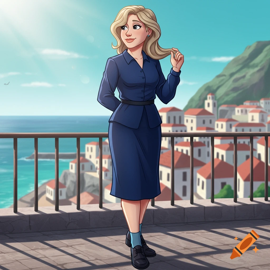 Animated blonde woman in a navy suit stands on a balcony overlooking a scenic coastal town.