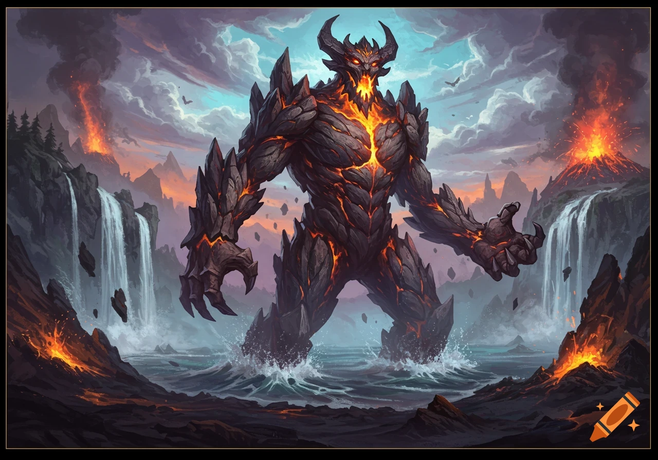 A colossal lava and rock monster stands in water, surrounded by erupting volcanoes and waterfalls under a dramatic sky. Fantasy art.