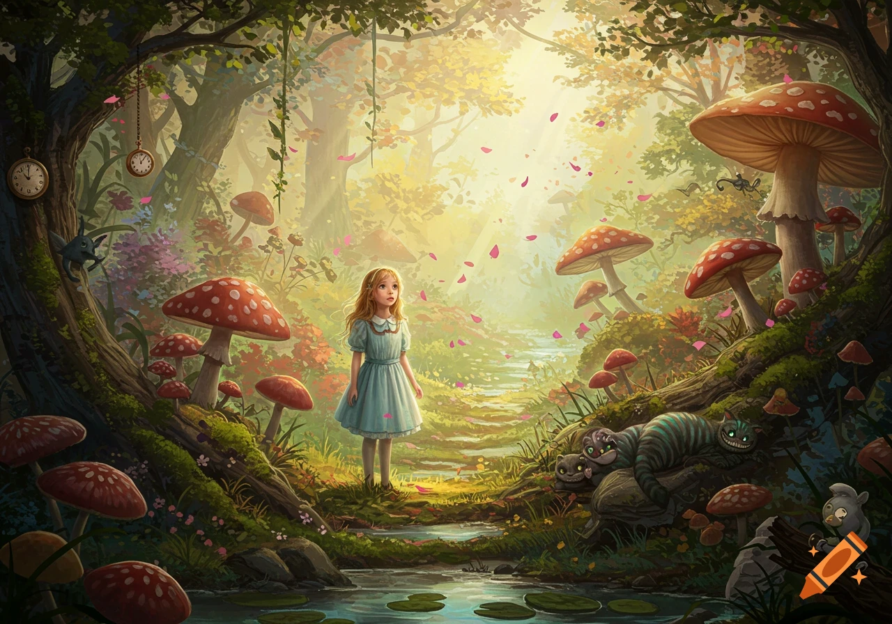 A young girl resembling Alice stands in a vibrant, sunlit fantasy forest filled with red-spotted mushrooms and magical creatures.