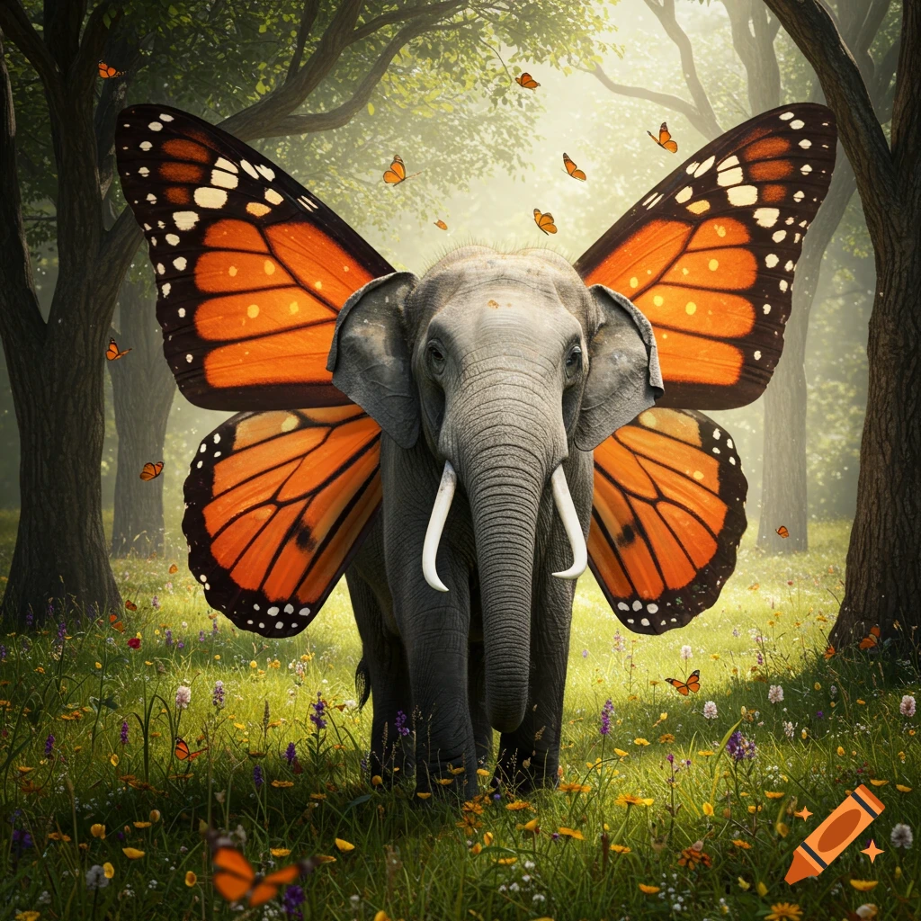 Photorealistic elephant with large monarch butterfly wings stands in a sunlit forest clearing filled with wildflowers and smaller butterflies.