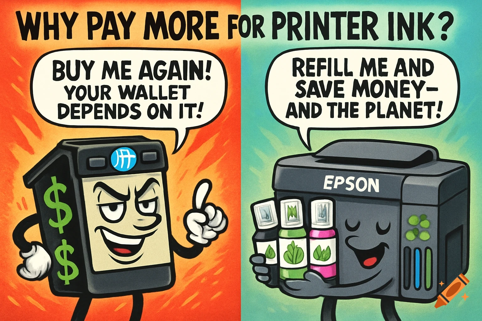 A political cartoon split image: a greedy ink cartridge says 'Buy me again!' opposite a happy Epson printer with refill bottles saying 'Refill me and save money and the planet!'. Top text: 'Why Pay More for Printer Ink?'