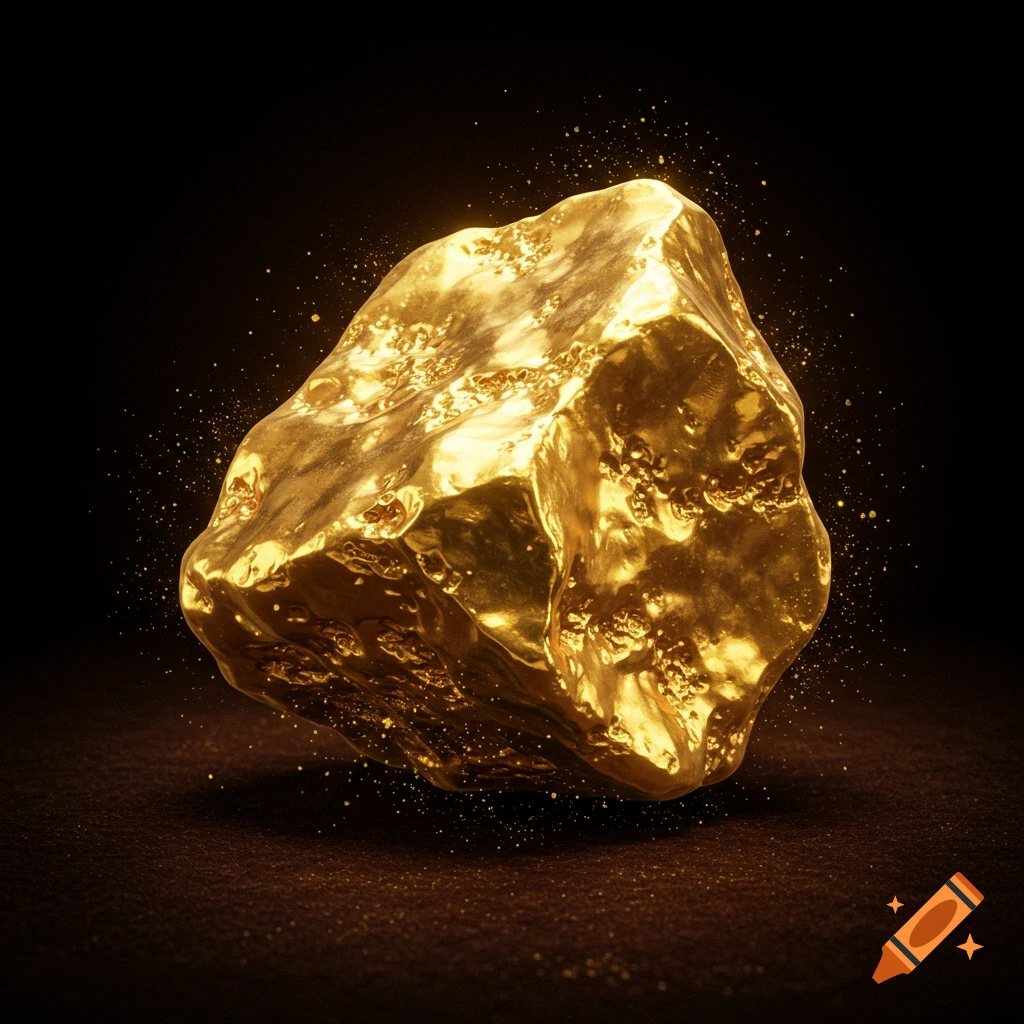 A shiny, irregularly shaped gold nugget with sparkling dust on a dark background, in a photorealistic style.