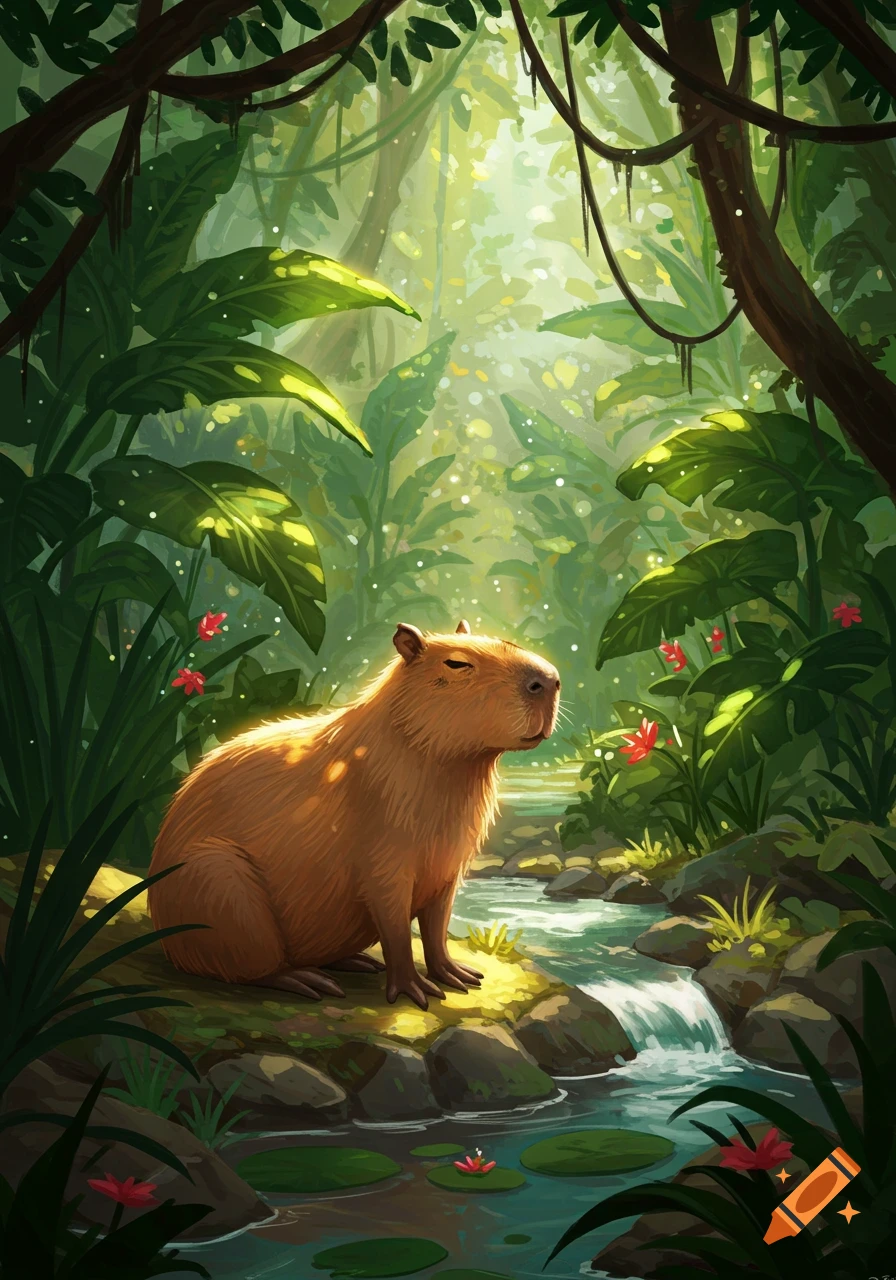 A capybara sits beside a sun-dappled stream in a lush, green jungle, in a stylized illustration.