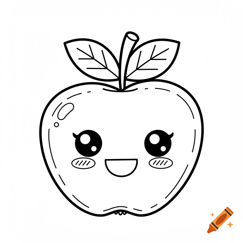 Black and white kawaii cartoon apple outline with a smiling face and large eyes.