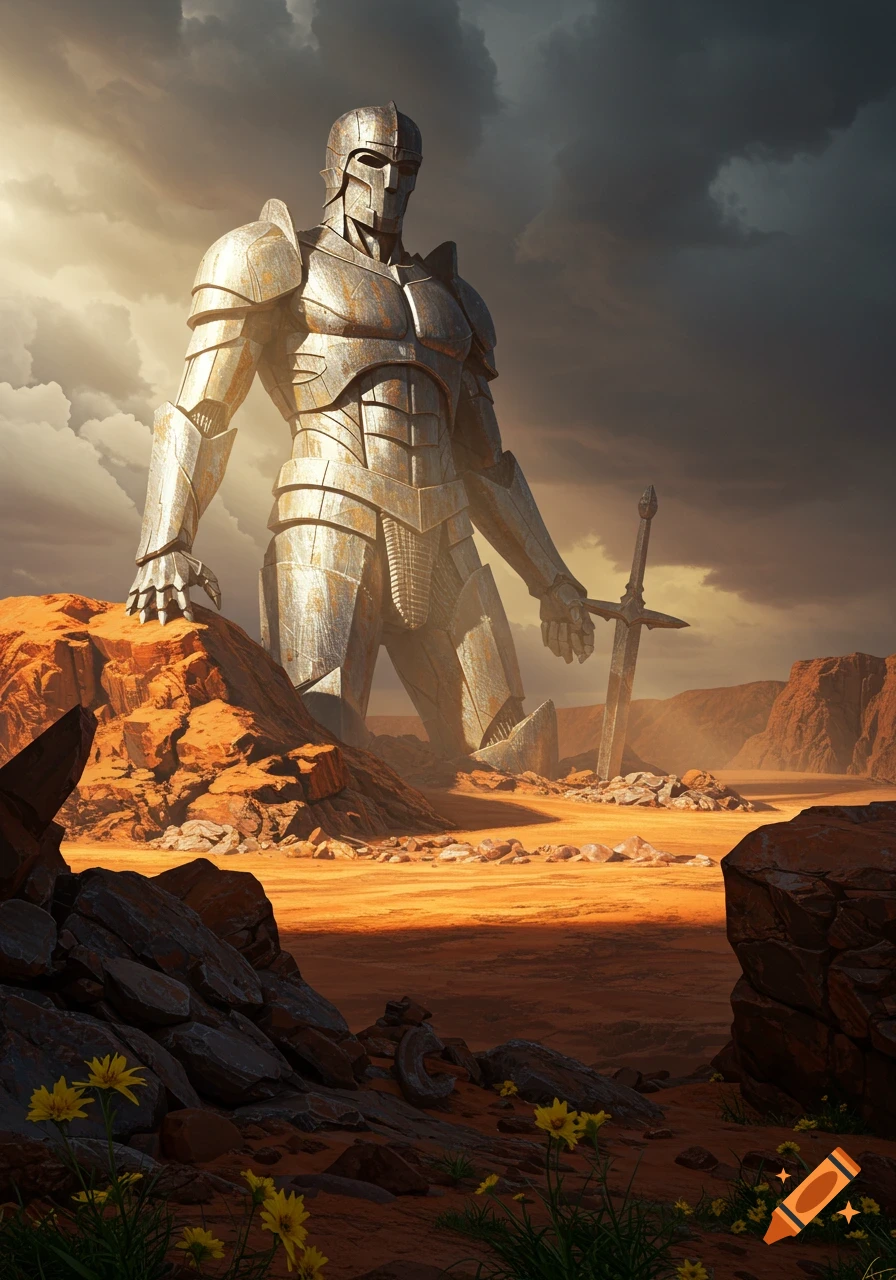 A colossal armored knight stands in a vast, desolate, rocky desert landscape under a dramatic cloudy sky, holding a massive sword.
