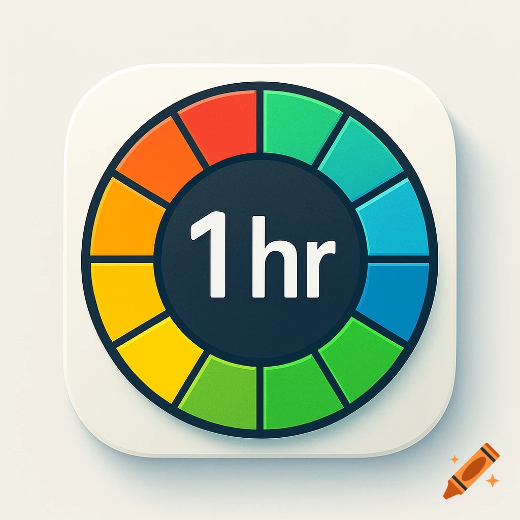 A colorful segmented circular app icon with a dark center displaying '1 hr' in white text, on a white rounded square.