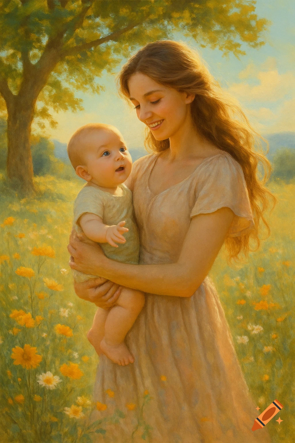 Painterly portrait of a smiling mother holding her baby in a sunlit field of yellow flowers under a tree.