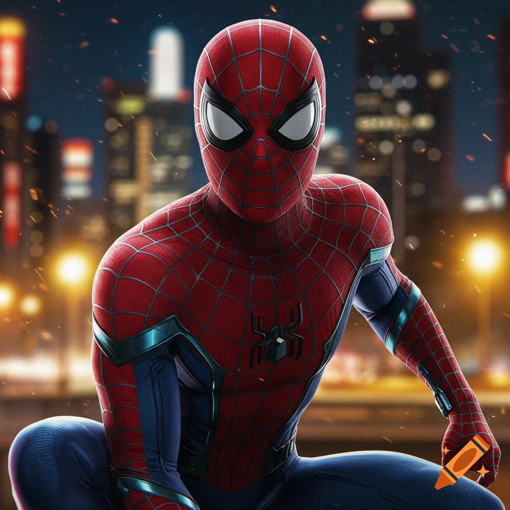 A red and blue superhero in a spider-man inspired suit, crouched with city lights and sparks in the background at night, photorealistic style.