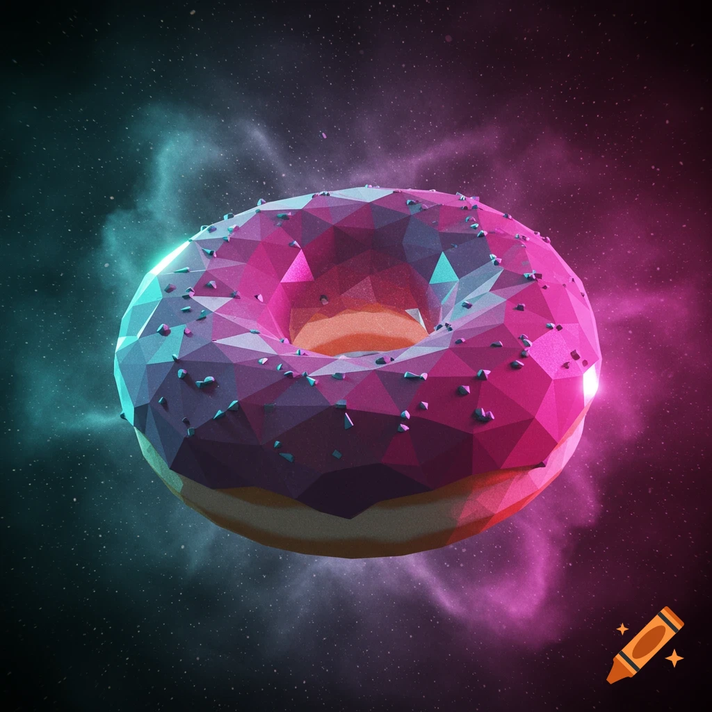 A geometric pink and purple donut with sprinkles floats in a cosmic space with glowing teal and magenta nebulae.