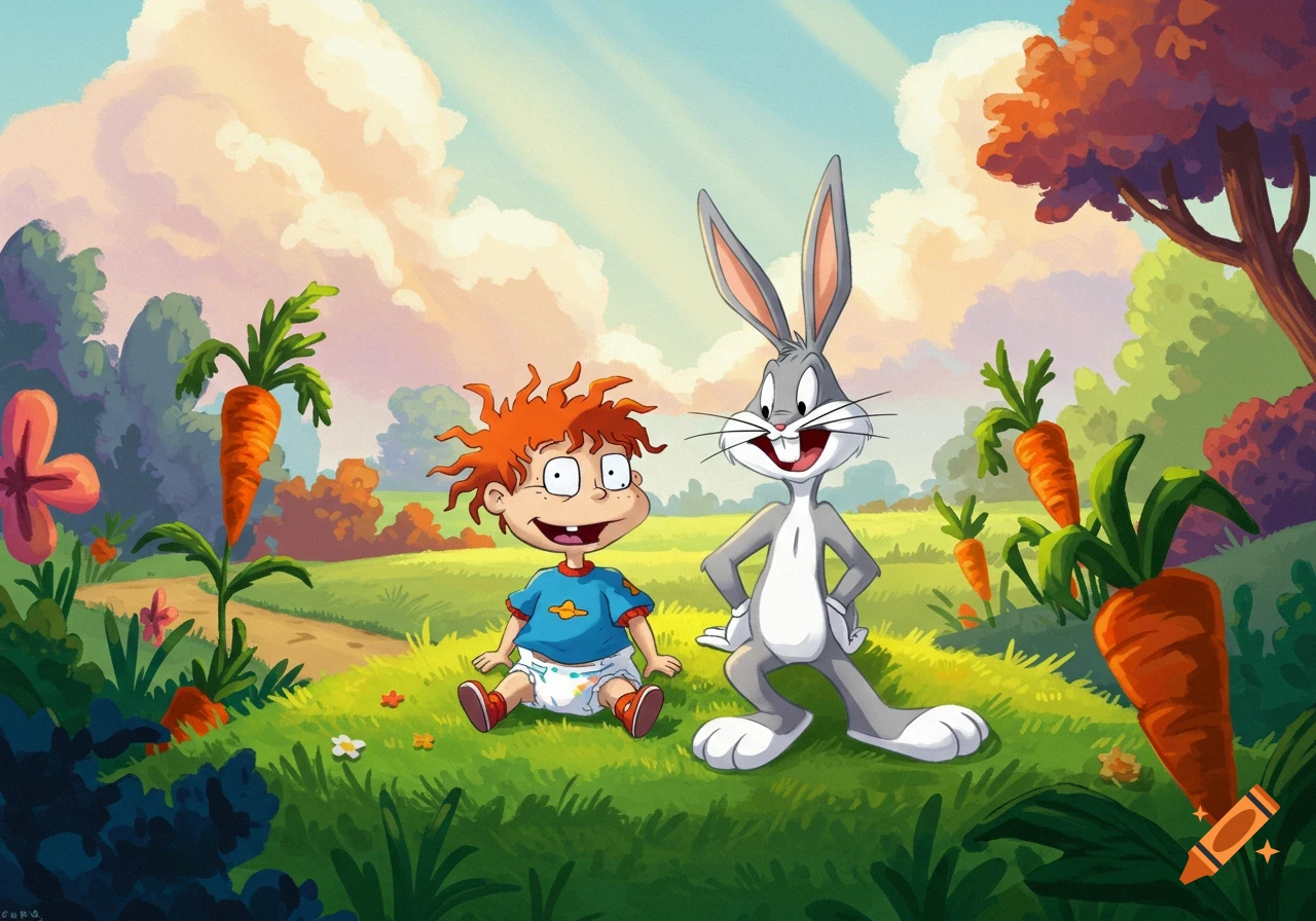 Tommy Pickles sits next to Bugs Bunny in a sunny, cartoon-style grassy field with carrots and trees.