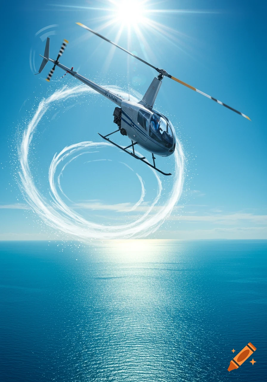 A silver helicopter flies over a sparkling blue ocean under a bright sun, with white swirling trails around its blades.