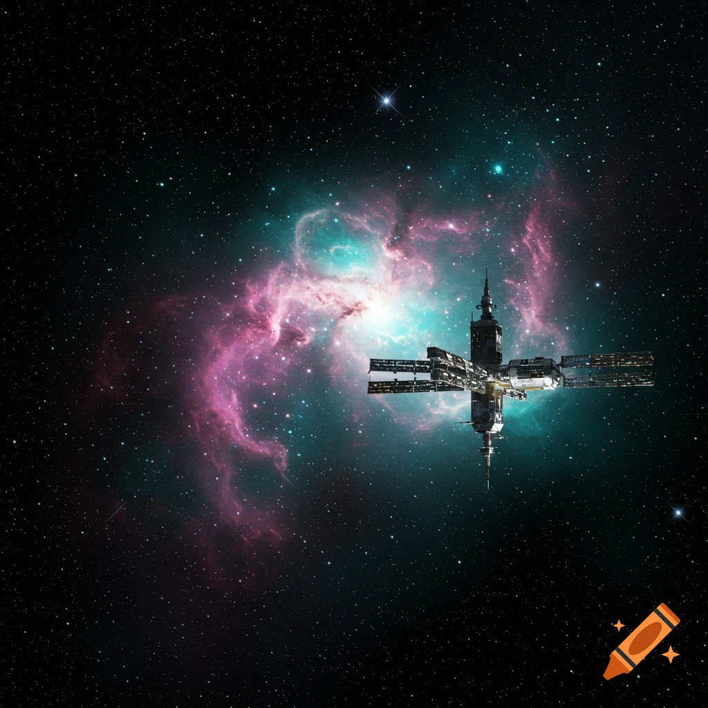 A detailed space station floats in deep space against a vibrant pink and teal nebula, surrounded by countless stars.