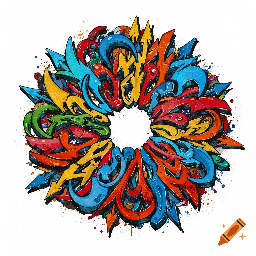 Vibrant graffiti art forming a circular pattern with abstract letters and paint splatters on a white background.