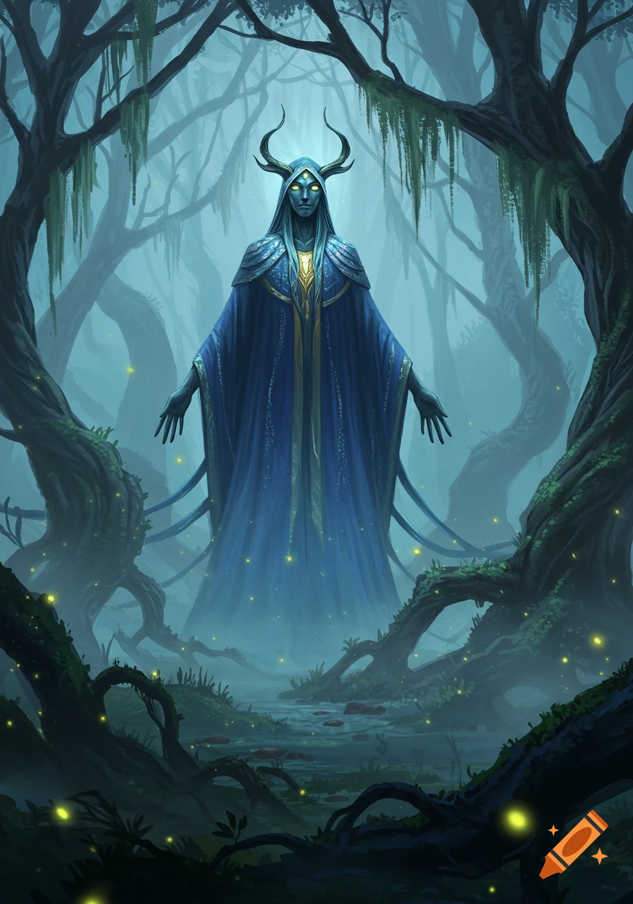 A mystical, horned figure in a long blue robe stands in a misty, dark forest with glowing fireflies.