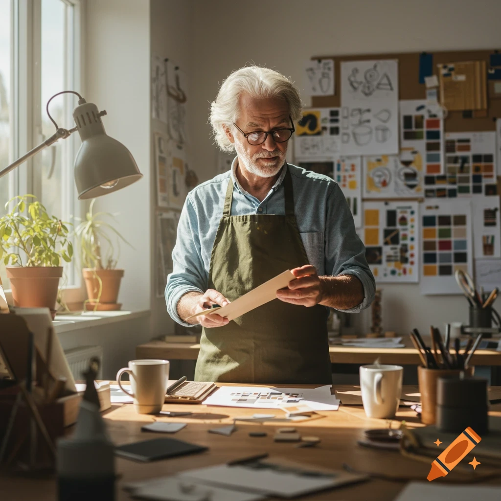Senior man in apron examines material at sunlit design workshop desk with sketches and mugs, photorealistic.