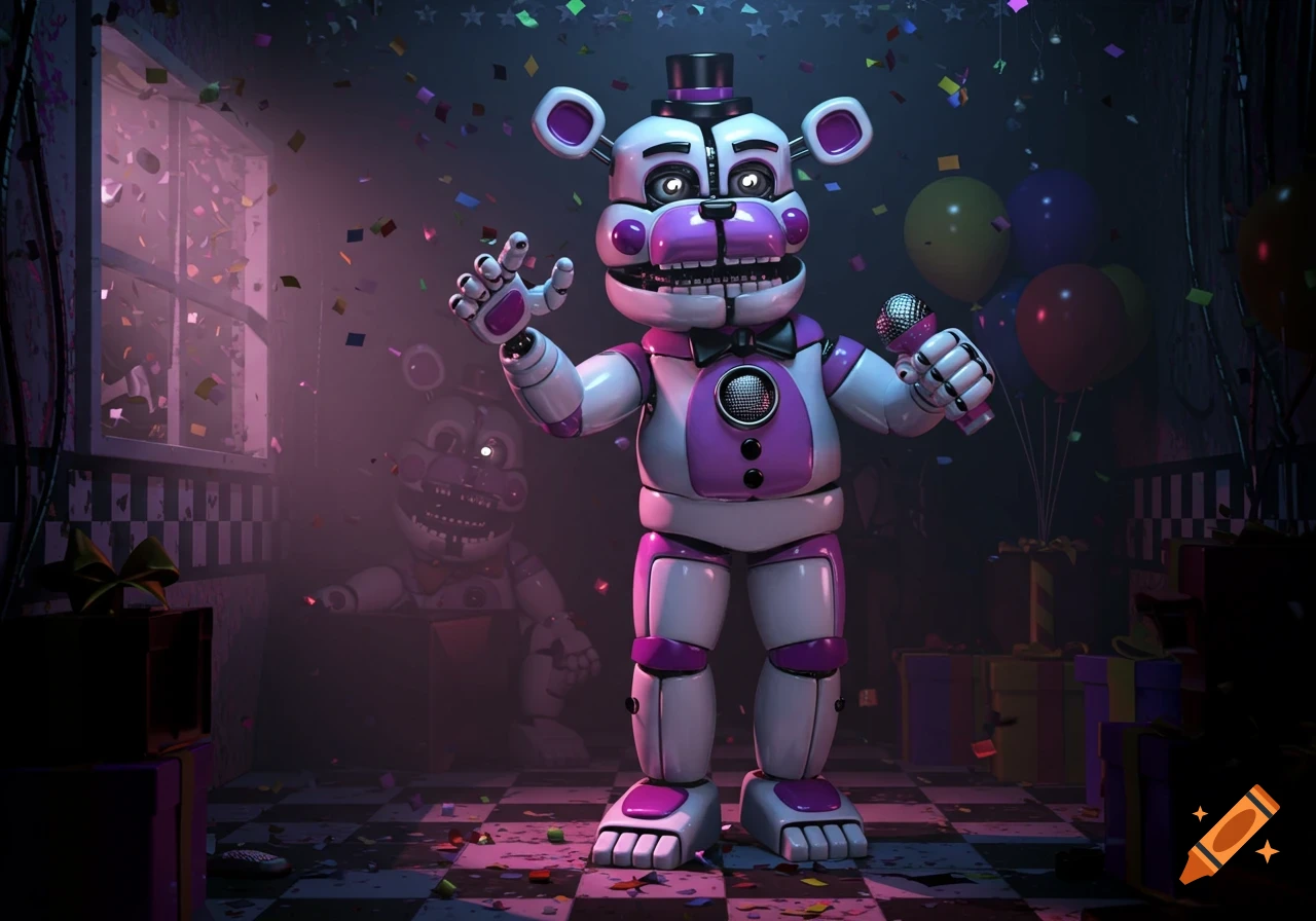 Funtime Freddy animatronic holding a microphone in a dark, confetti-filled room, with another animatronic in the background.