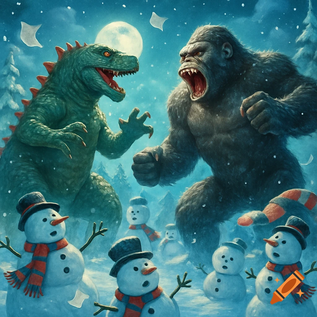 A whimsical illustration of a green lizard monster and a giant ape roaring at each other in a snowy forest with snowmen and a full moon.