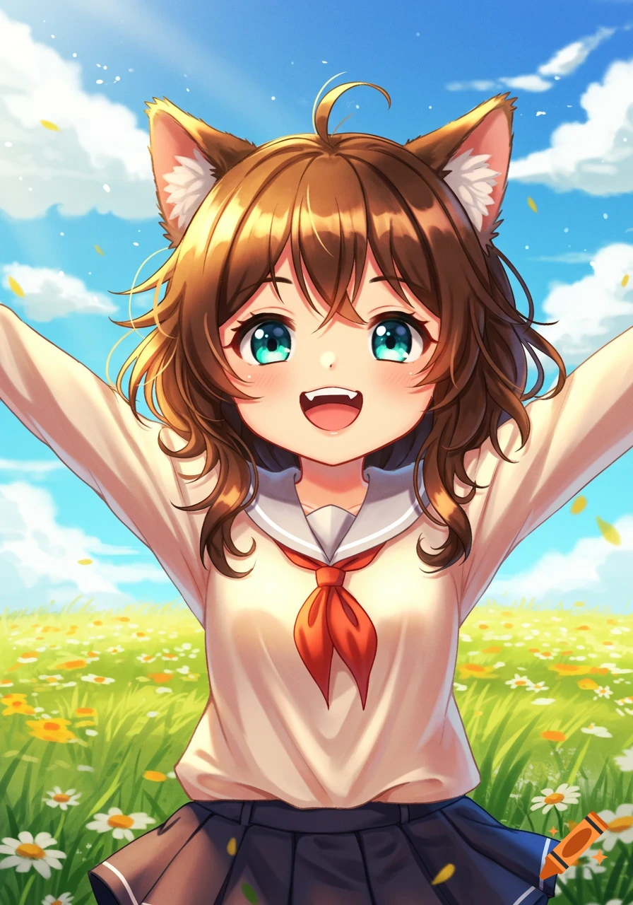 A happy anime girl with brown cat ears, brown hair, and bright blue eyes smiles with outstretched arms in a sunny field of white and yellow flowers.