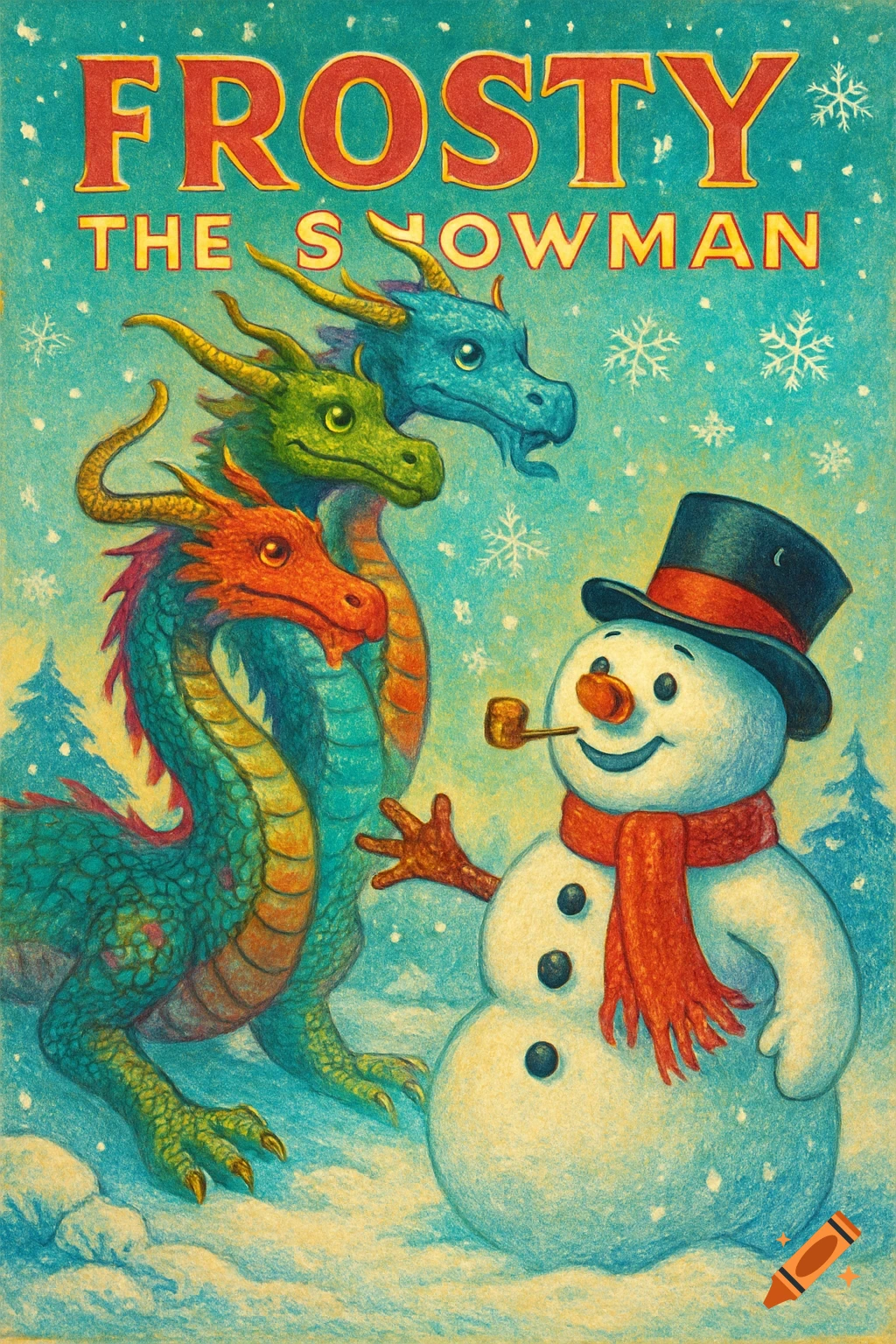 A vintage-style illustration of Frosty the Snowman and a three-headed dragon in a snowy winter scene, with 'FROSTY THE SNOWMAN' text.