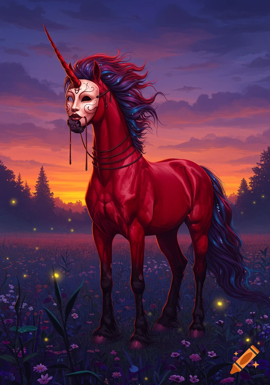 A red unicorn wearing a human face mask stands in a mystical field at sunset with glowing fireflies.