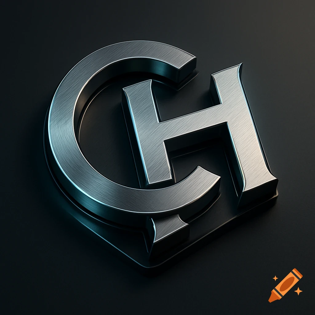 A shiny metallic 3D logo featuring the letters 'CH' on a dark background, with brushed metal texture.