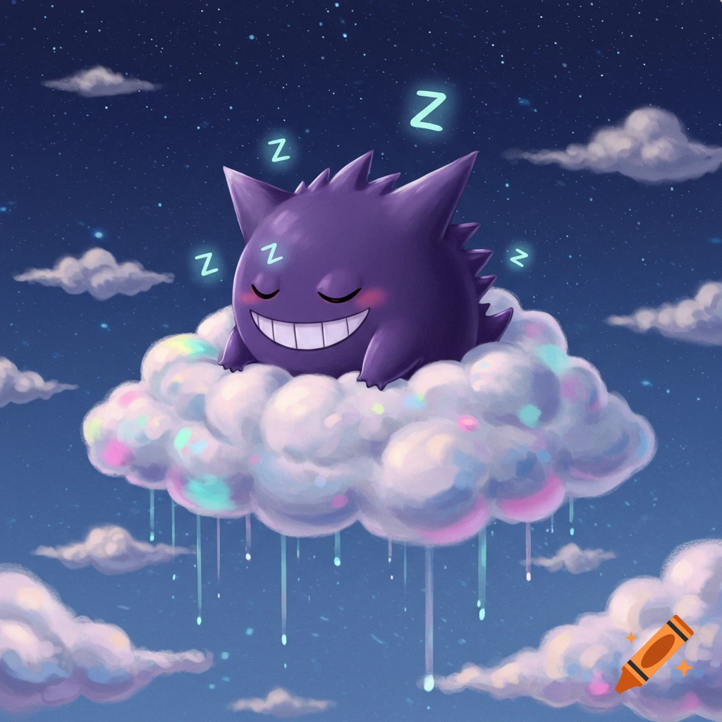 A cute purple Gengar sleeps peacefully on a fluffy white and colorful cloud, with 'Z's floating above its head, against a starry night sky.