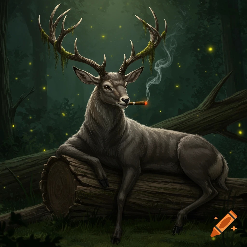A stylized stag with mossy antlers lies on a log, smoking a cigar in a dark, enchanting forest with fireflies.