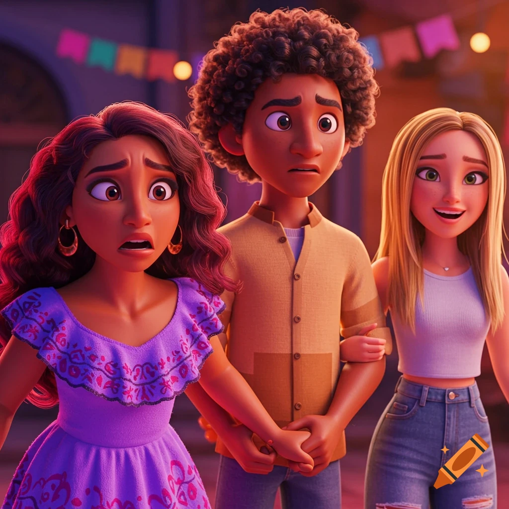 Animated image of a shocked girl, an awkward boy, and a happy blonde girl standing together, with the boy between them.