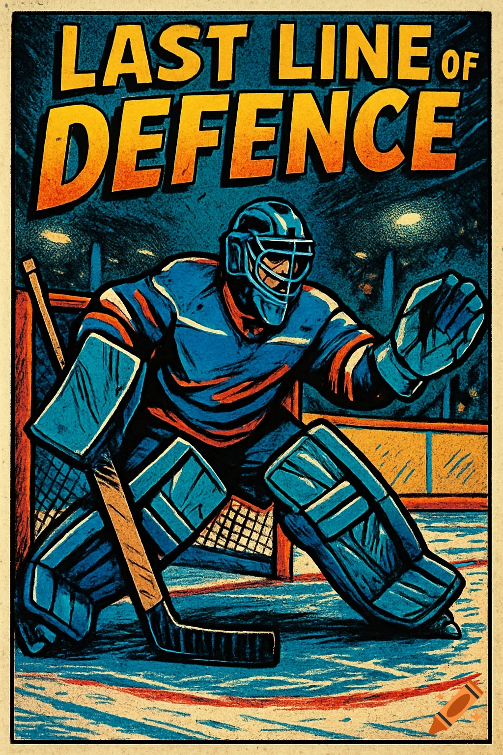 A comic book style illustration of an ice hockey goalie in a defensive stance with 'LAST LINE OF DEFENCE' at the top.