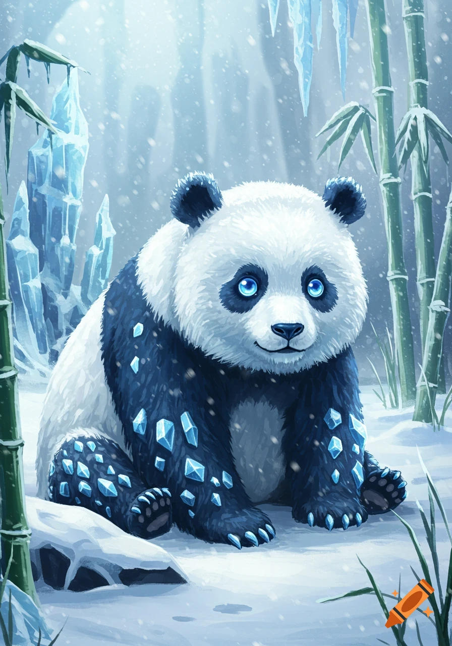 A cute, stylized panda with glowing blue eyes and ice crystals on its fur sits in a snowy bamboo forest with large ice formations.