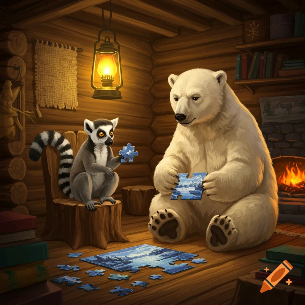 A ring-tailed lemur and a polar bear sit in a cozy wooden cabin, working on a jigsaw puzzle by a warm fireplace. An old lantern hangs above.
