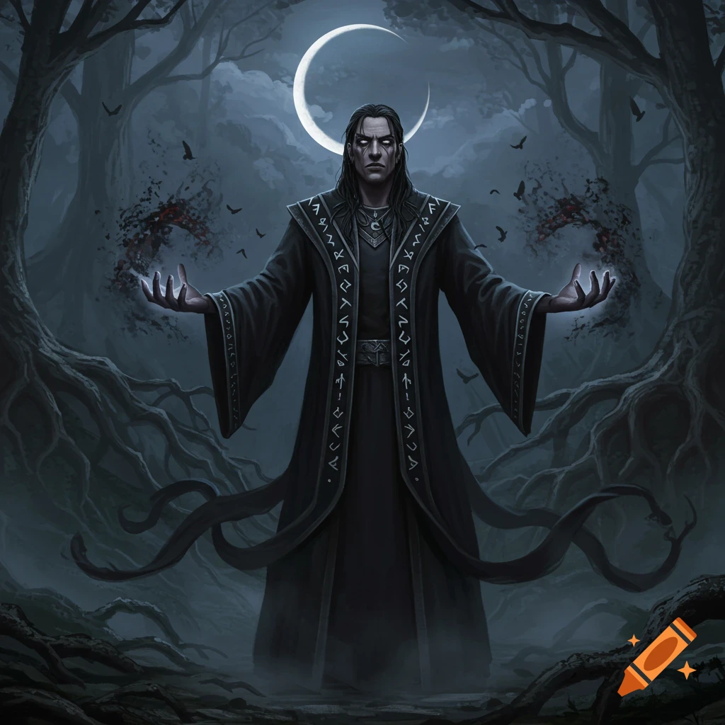A dark fantasy art illustration of a sorcerer in a black robe, casting a spell in a mystical forest under a crescent moon.