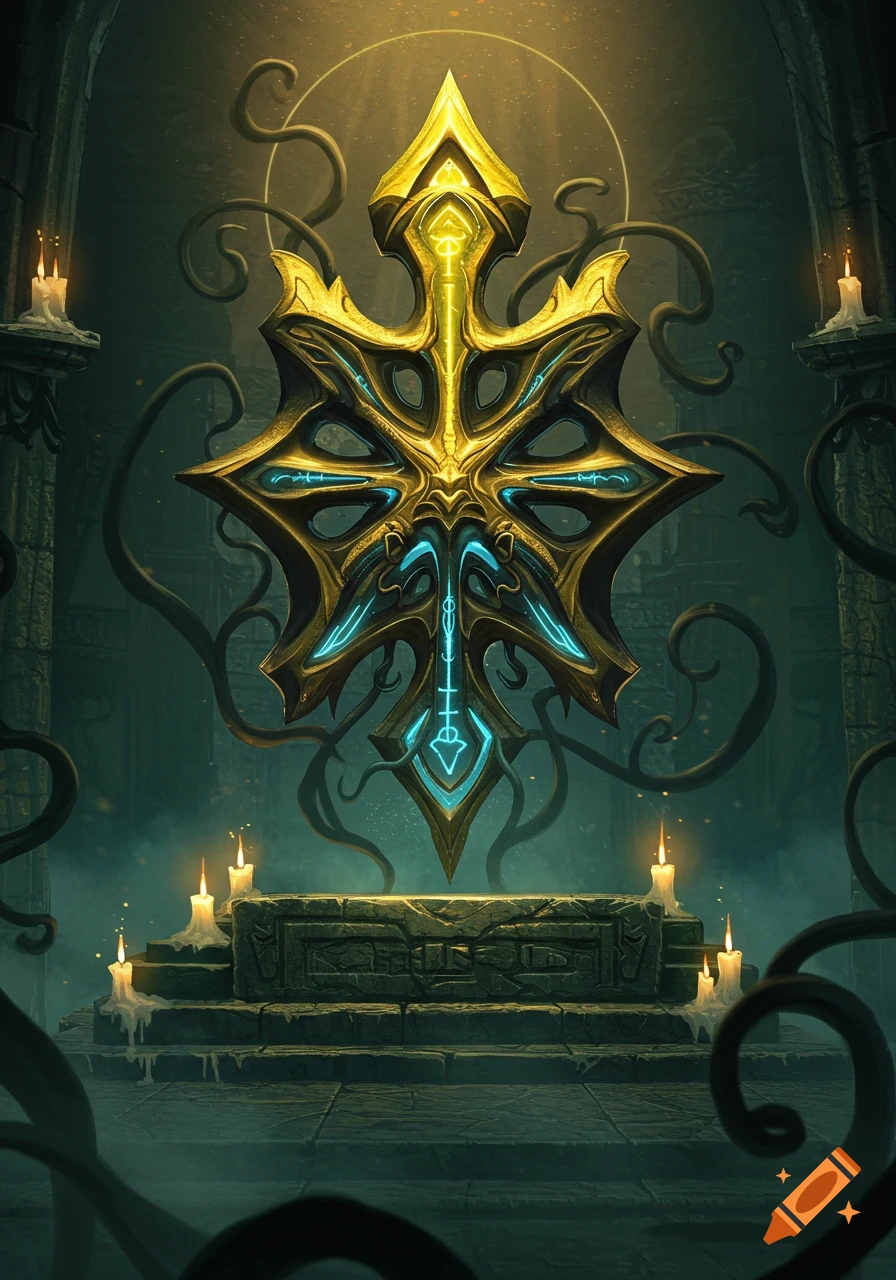 A glowing golden idol with blue accents hovers over a stone altar, surrounded by lit candles in a dark, gothic temple.