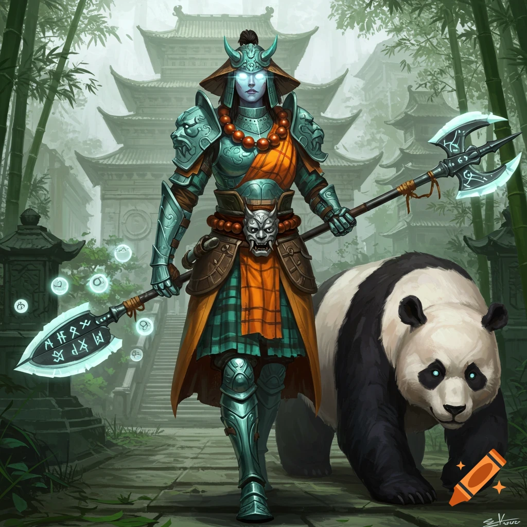 An armored warrior with glowing eyes and a runic spear walks with a giant panda through a bamboo forest with ancient Chinese architecture. Fantasy art.