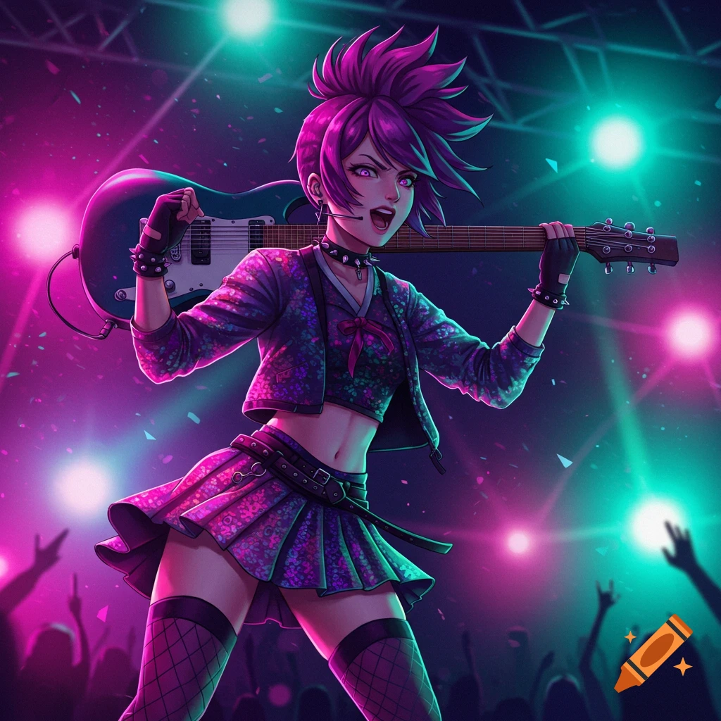 Vibrant anime girl with purple hair and punk outfit holding a blue electric guitar on a stage with pink and teal lights, performing at a concert.