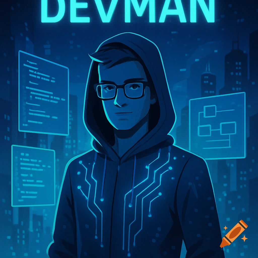 Stylized illustration of a hooded developer with glowing circuits, 'DEVMAN' text, and abstract code on a blue background.
