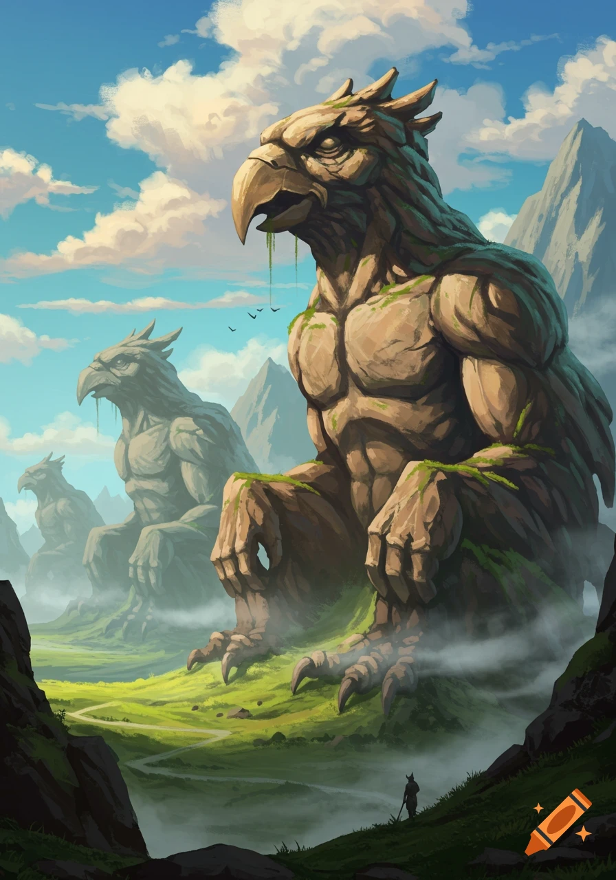 Massive stone bird-like creatures resembling griffins sit in a misty, green valley between mountains, with a small lone figure in the foreground.