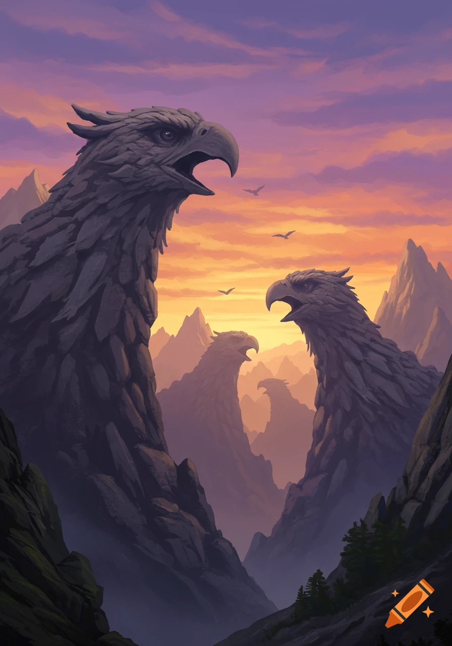 Giant bird-like mountains with open beaks stand in a misty valley at sunset, under a vibrant purple and orange sky.